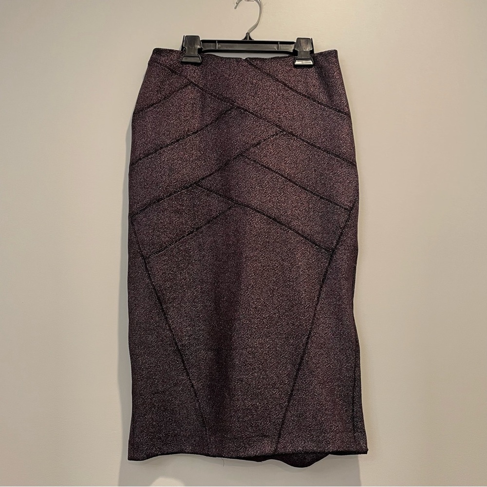 metallic deep purple midi pencil skirt